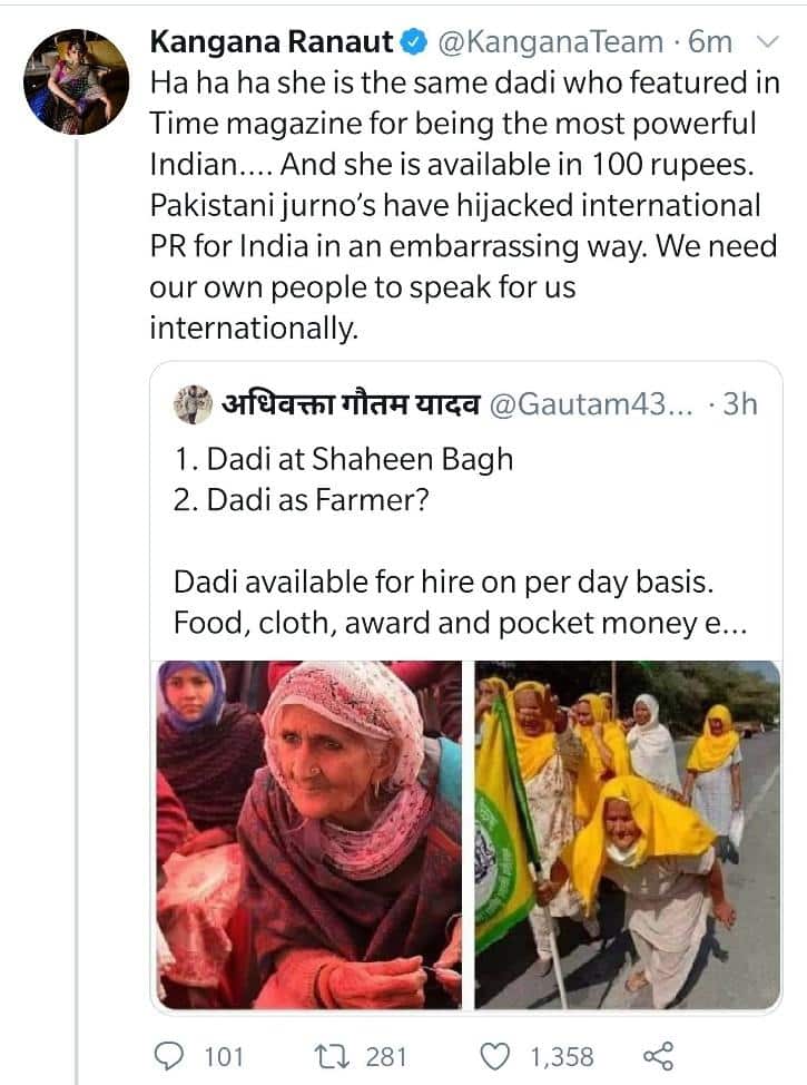 Bollywood slams Kangana Ranaut for calling Dadi at farmer's protest a ‘Rs 100 artist’