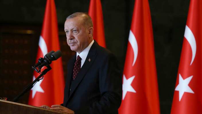 Turkey's President Recep Tayyip Erdogan addresses his country's ambassadors in Ankara, Turkey