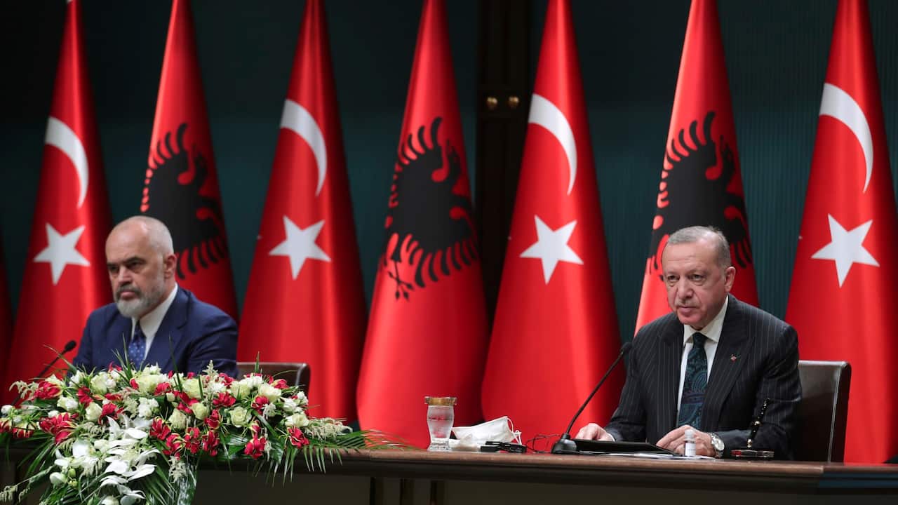 Albania's Prime Minister Edi Rama (left) and Turkey's President Recep Tayyip Erdogan (right), speak to the media after their talks in Ankara