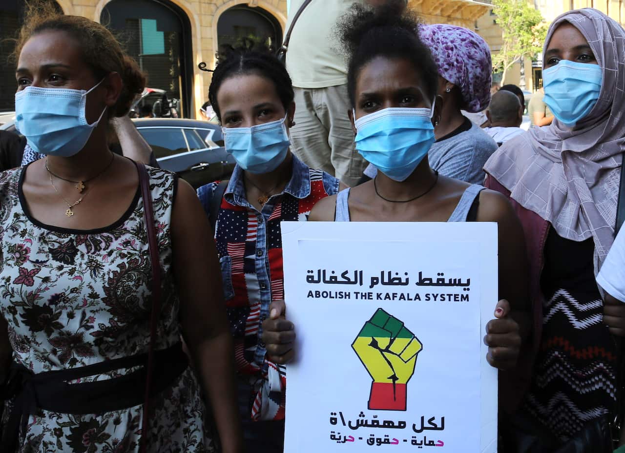 Lebanese anti-government protestors, Ethiopian domestic workers, and a group of Feminists take part in a demonstration
