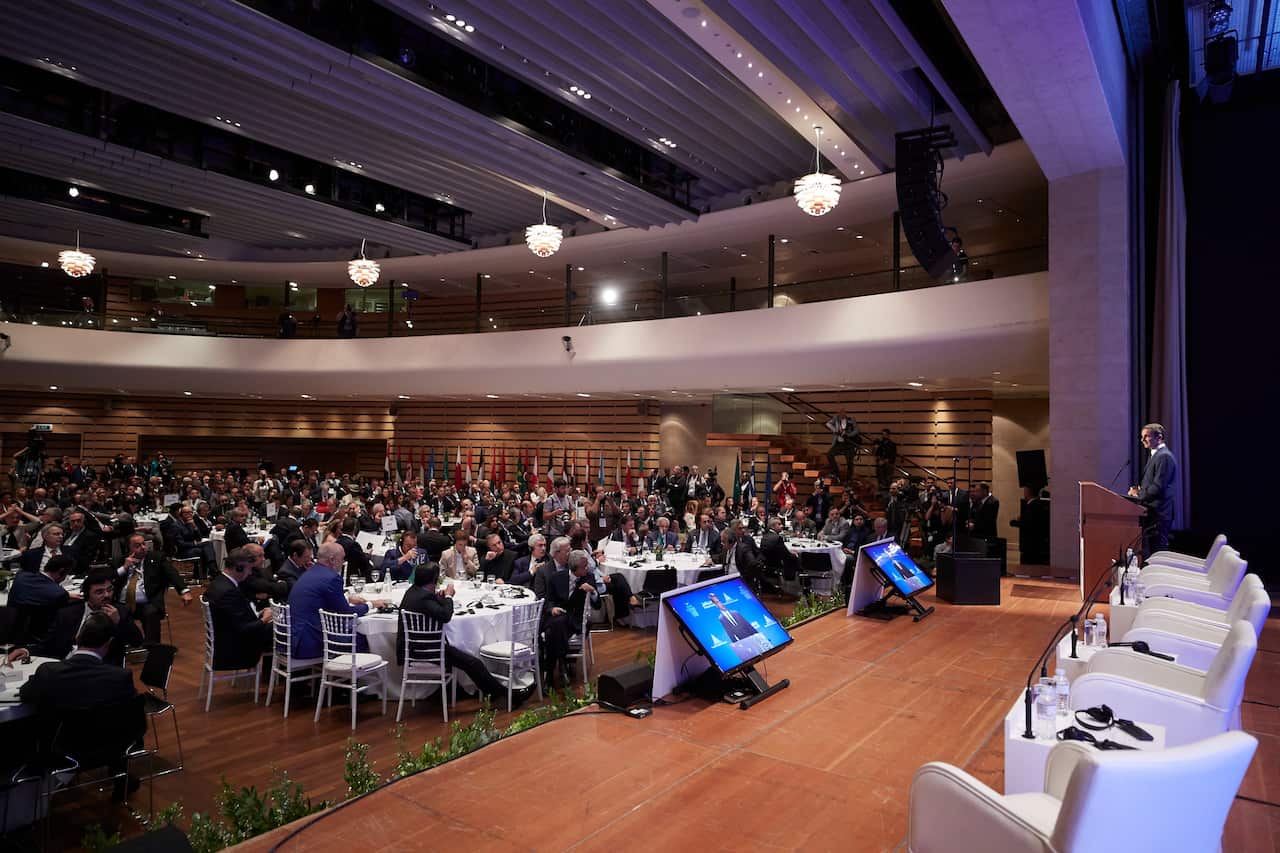 Greek PM Kyriakos Mitsotakis speaking at the 4th Euro-Arab Summit