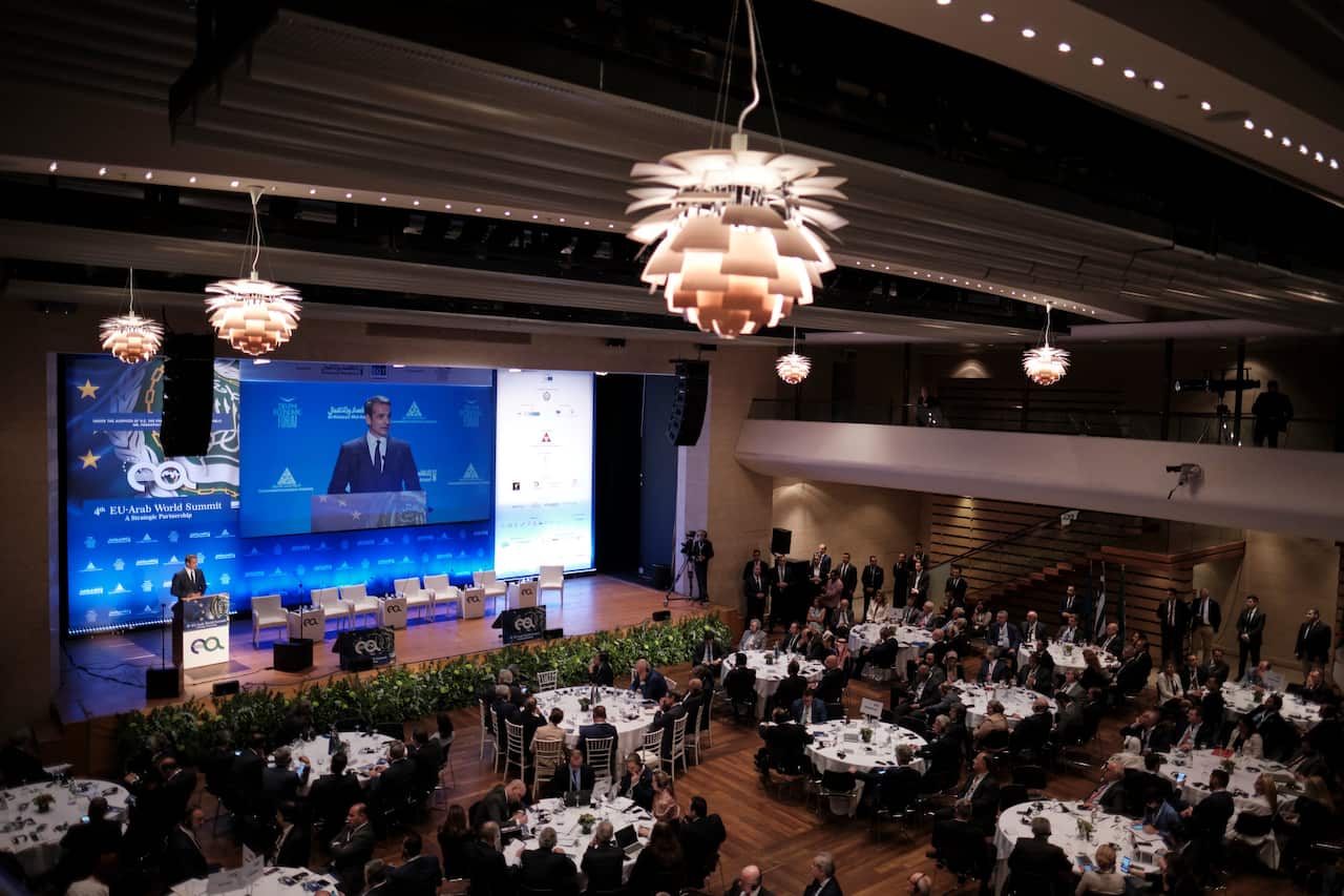Greek PM Kyriakos Mitsotakis speaking at the 4th Euro-Arab Summit