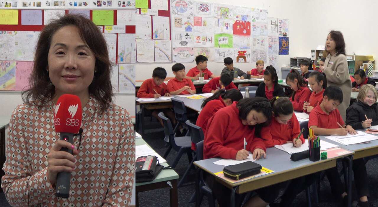Teacher Eun Yeong Yoo and students on the Korean bilingual class at Campsie public school