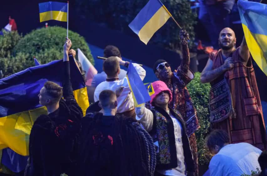 Kalush Orchestra from Ukraine celebrate progressing to the final during the first semi-final at the Eurovision Song Contest in Turin, Italy, 10 May 2022.