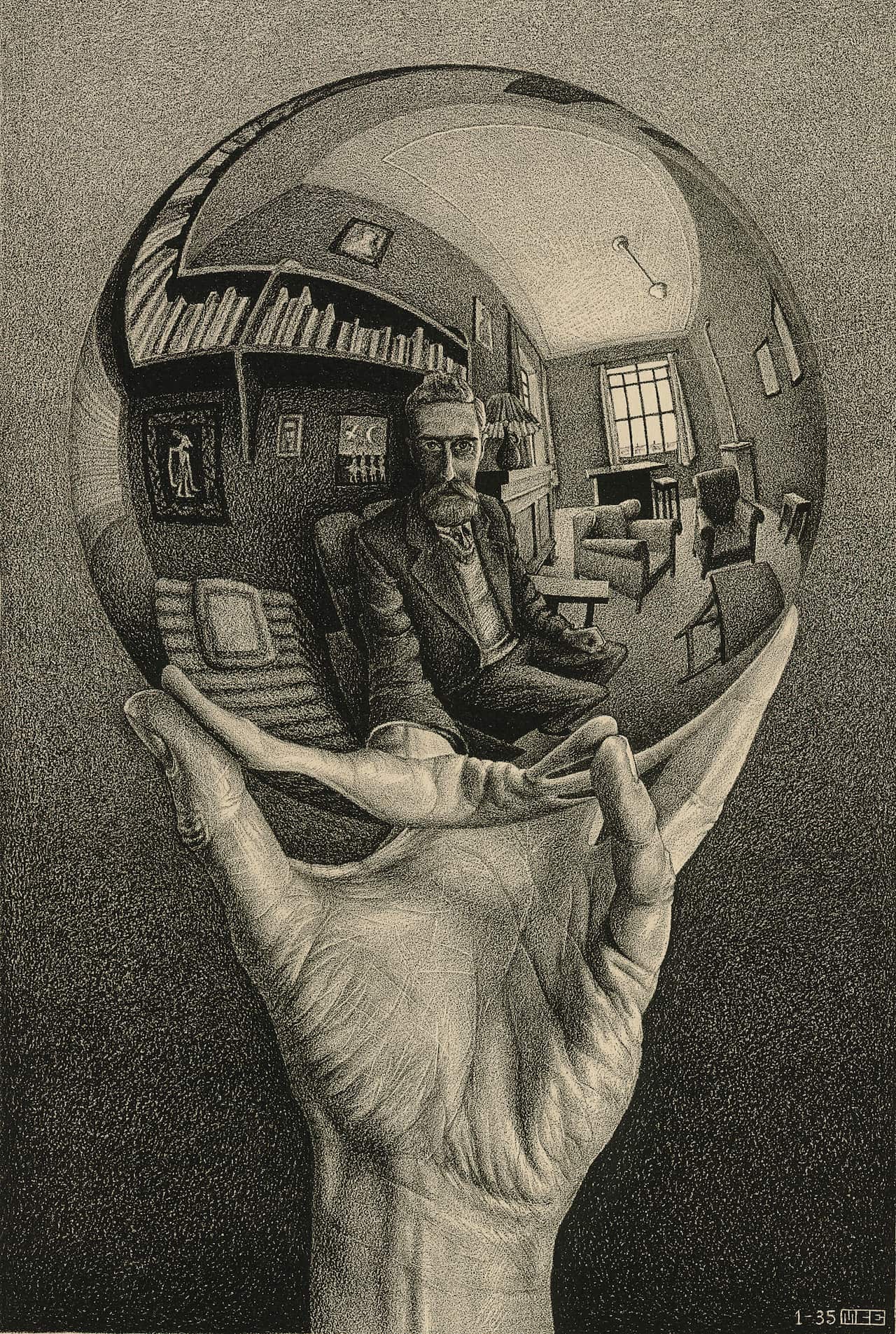 M. C. Escher. Hand with reflecting sphere (Self-portrait in spherical mirror) January 1935.