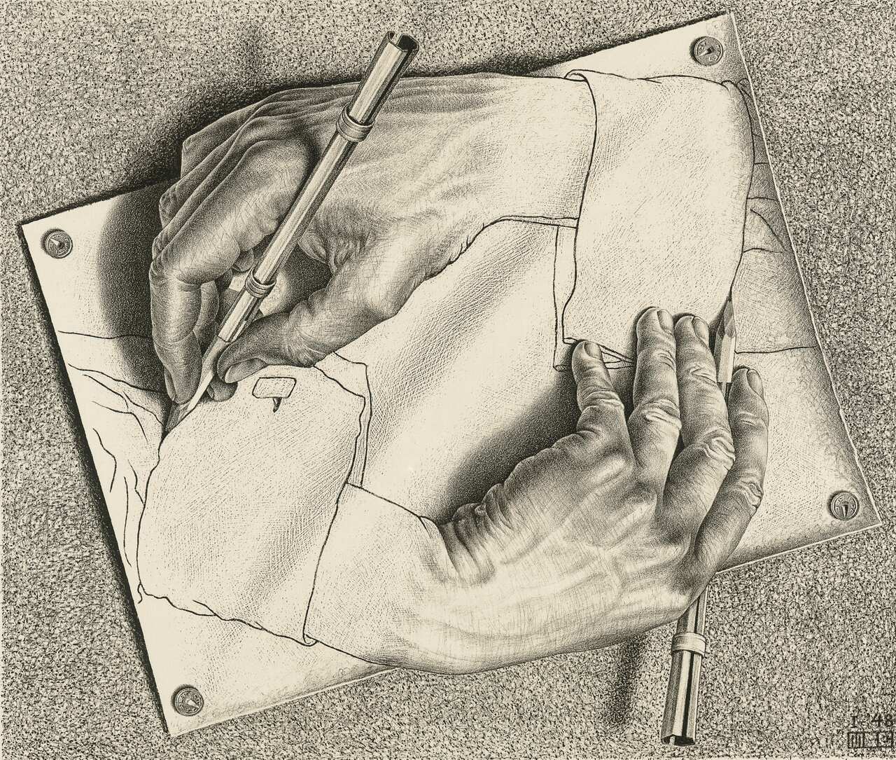 M. C. Escher Drawing hands January 1948 lithograph Escher Collection, Gemeentemuseum Den Haag, The Hague, the Netherlands © The M. C. Escher Company, the Netherlands. All rights reserved