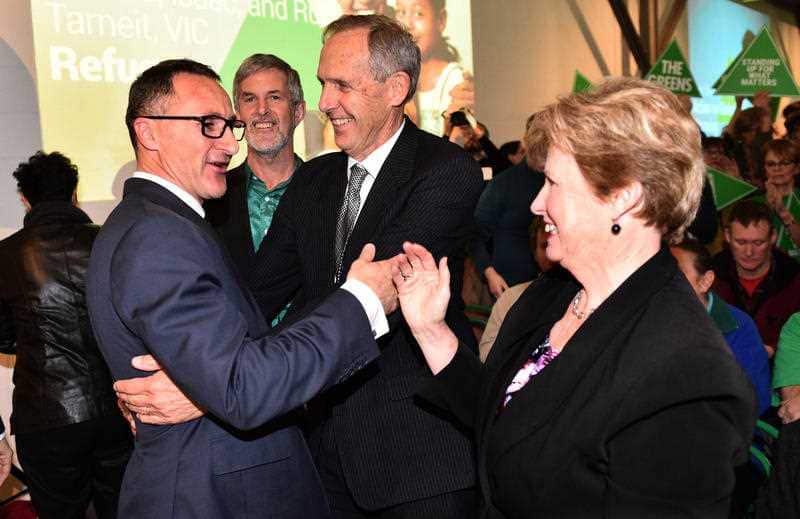 Greens leader Richard Di Natale with former leaders Bob Brown and Christine Milne