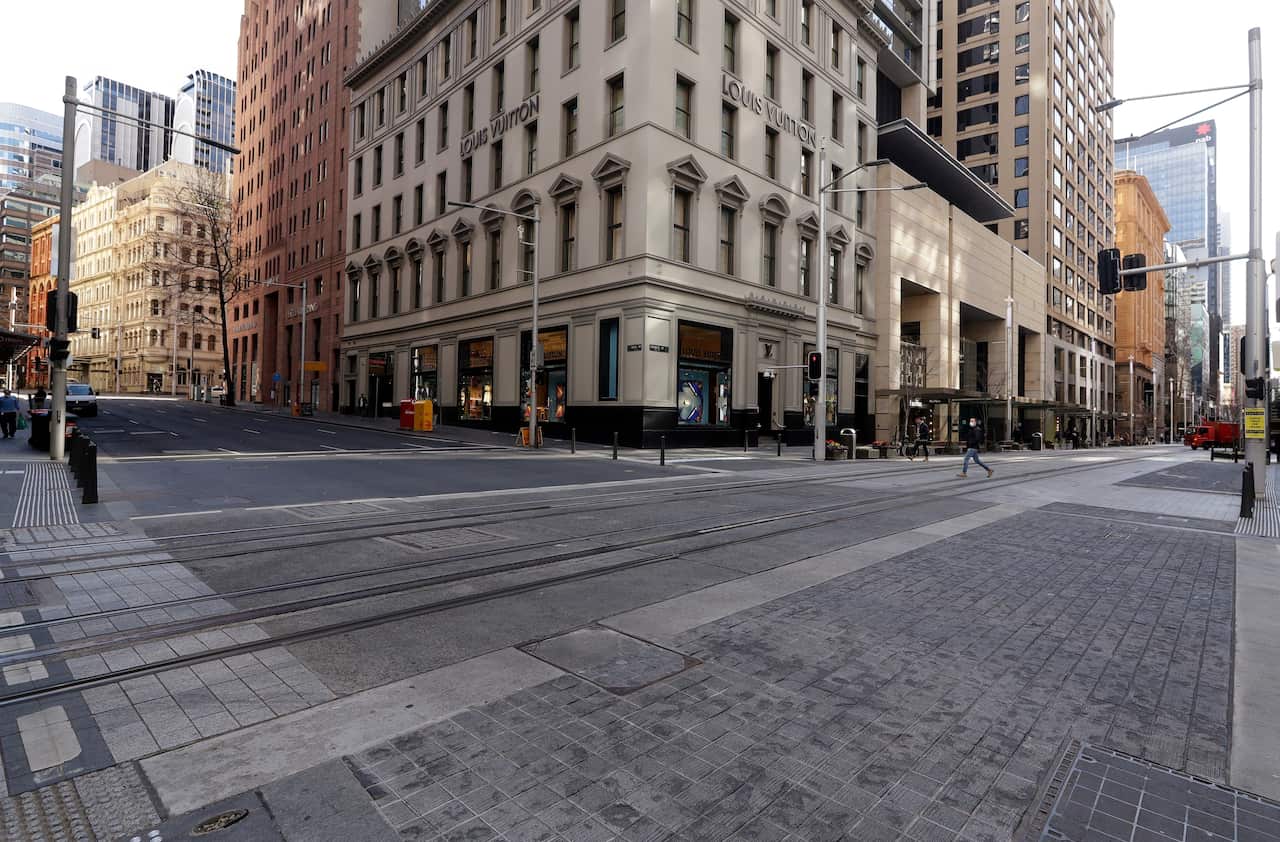 A normally busy shopping area in Sydney is nearly empty of people on Wednesday, 7 July, 2021. 