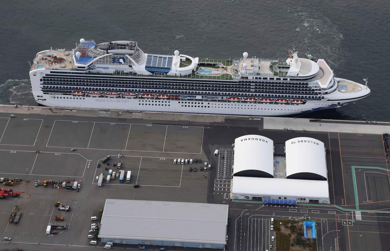 The Diamond Princess cruise ship tied up off Yokohama port.