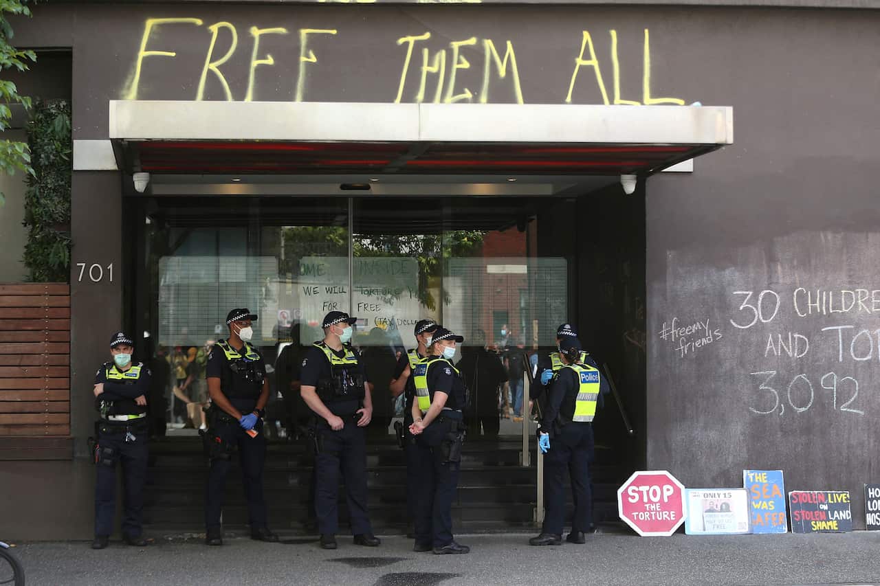 Police outside the Park Hotel in Melbourne, Australia