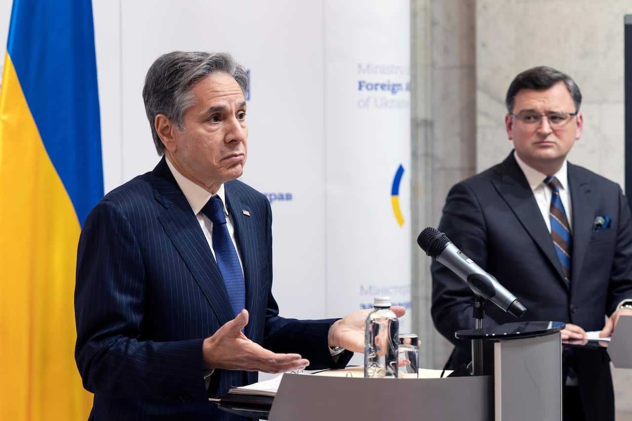 Secretary of State Antony Blinken speaks during a media availability with Ukrainian Foreign Minister Dmytro Kuleba, at the Ministry of Foreign Affairs, Wednesday, Jan. 19, 2022, in Kyiv, Ukraine. (AP Photo/Alex Brandon, Pool)