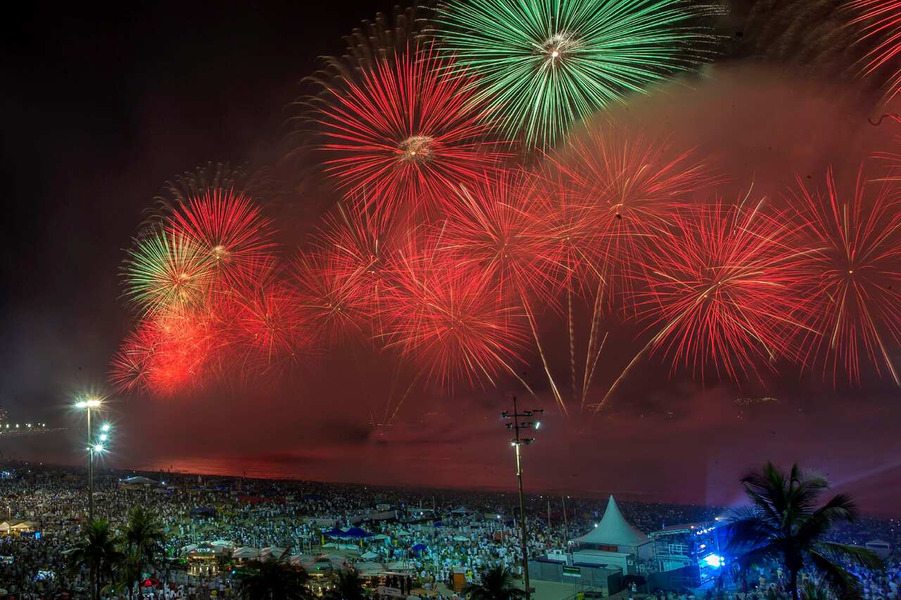 Fireworks explode over Copacabana Beach during the New Year's celebrations, in Rio de Janeiro, Brazil, Wednesday, Jan. 1, 2020. (AP Photo/Bruna Prado)