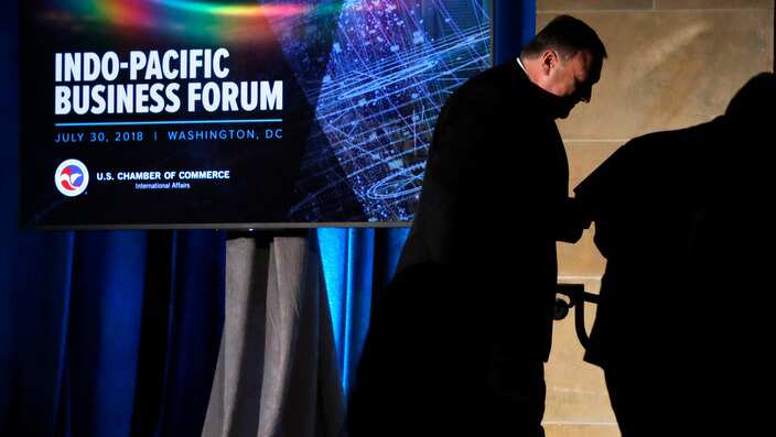 US Secretary of State Mike Pompeo leaves the Indo-Pacific Business Forum in Washington