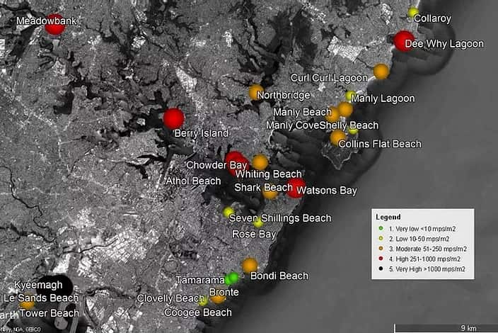 Hotspots around Sydney shown in red from microplastic sampling in 2019. 
