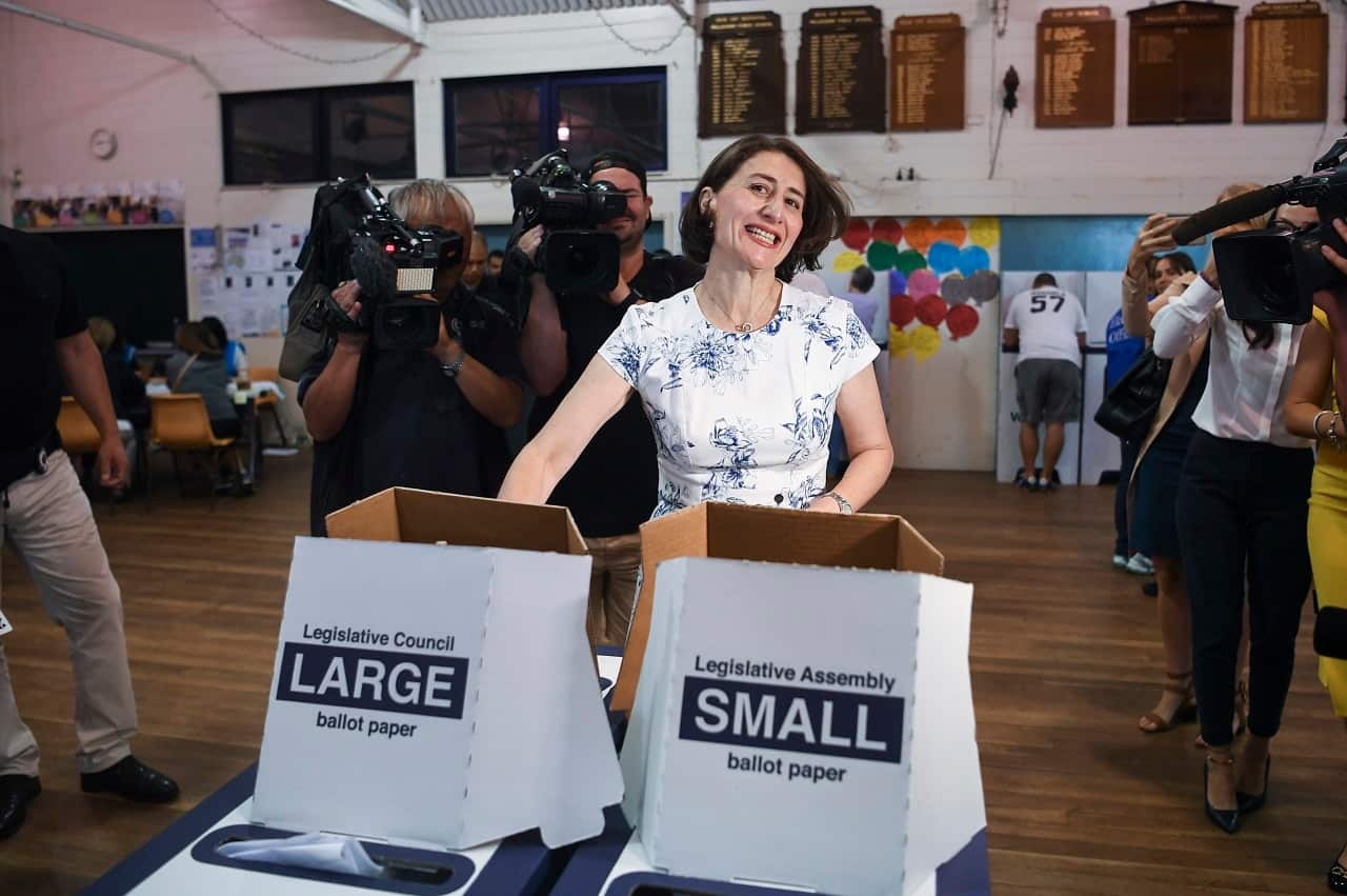 NSW Premier Gladys Berejiklian casts her vote at Willoughby Public School on 2019 New South Wales election day in Sydney, Saturday, 23 March 2019. New South Wales voters head to the polls in the state election today. (AAP Image/Lukas Coch) NO ARCHIVING