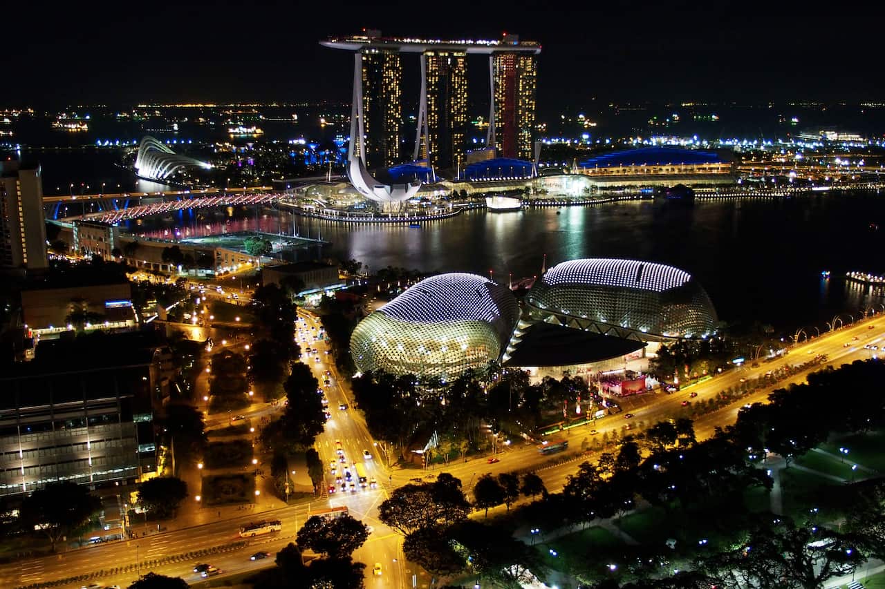 Marina Bay Sands Hotel, Theatres on the bay, by night, taken from the 39th floor of the Swissotel The Stamford, Singapore, 23.02.13  (Photo by Dagmar Scherf/ullstein bild via Getty Images)