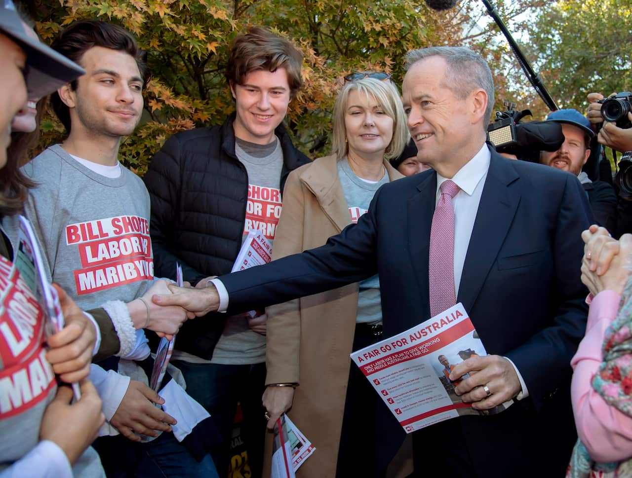 Australian Opposition Leader Bill Shorten votes with his wife Chloe at Moonee Ponds West Primary School in Melbourne.
