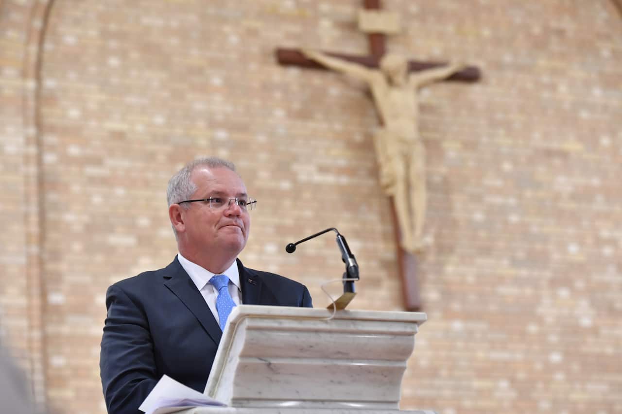 Prime Minister Scott Morrison addresses the Parliamentary church service for the commencement of parliament at the St Christopher's Catholic Cathedral in Manuka, in Canberra, Tuesday, 2 July 2019. (AAP Image/Sam Mooy) NO ARCHIVING