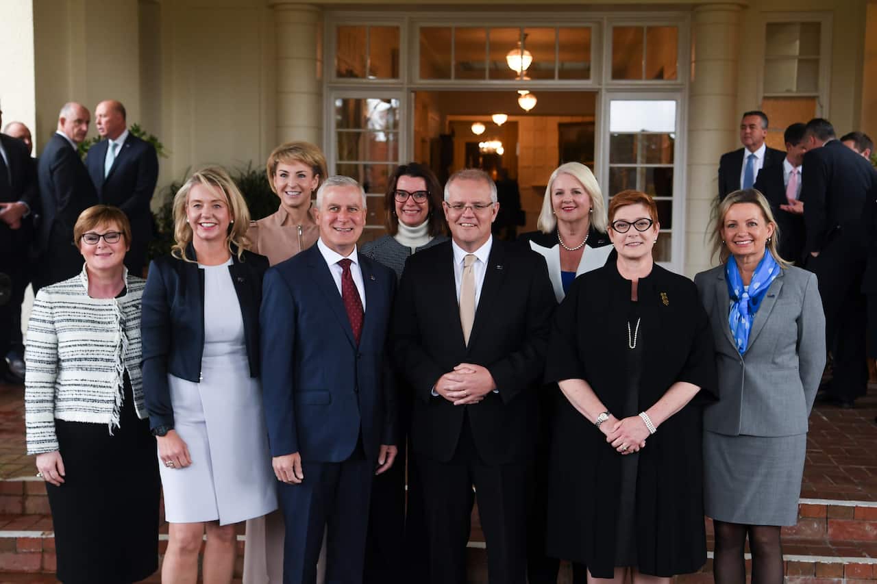 Prime Minister Scott Morrison and Deputy Prime Minister Michael McCormack with female members of the government's cabinet in 2019.