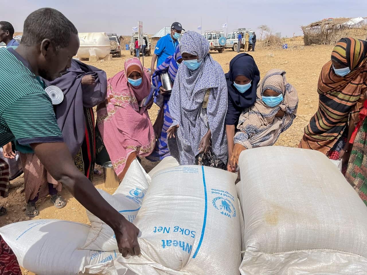 Food supplies of wheat are distributed during a visit by the WFP to a camp for the internally-displaced, Jan. 22, 2022.