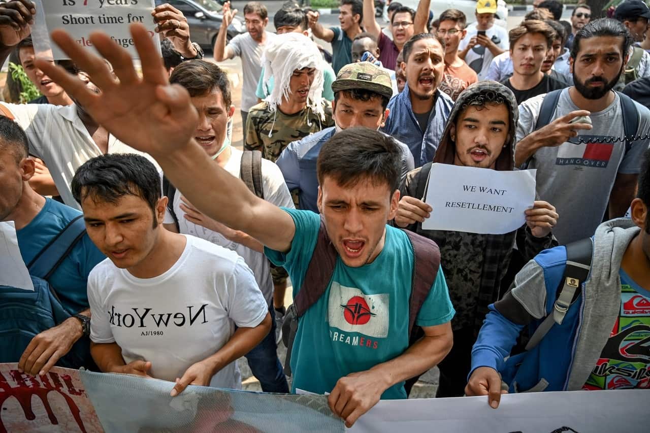 Refugees from various countries hold a rally in Jakarta.