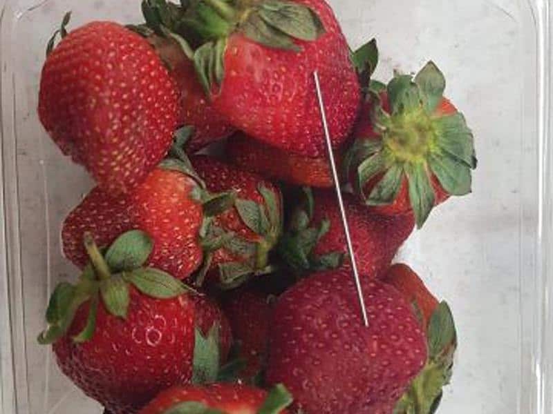 Strawberries spiked with needles
