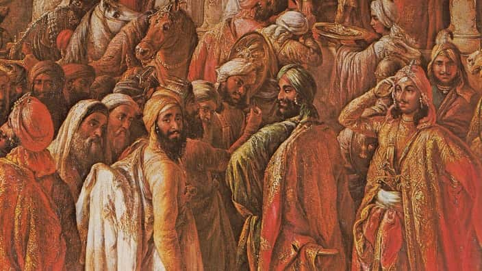 Fakir Azizuddin and Imamuddin in the Mahraja's darbar, as depicted in a painting by Schoefft