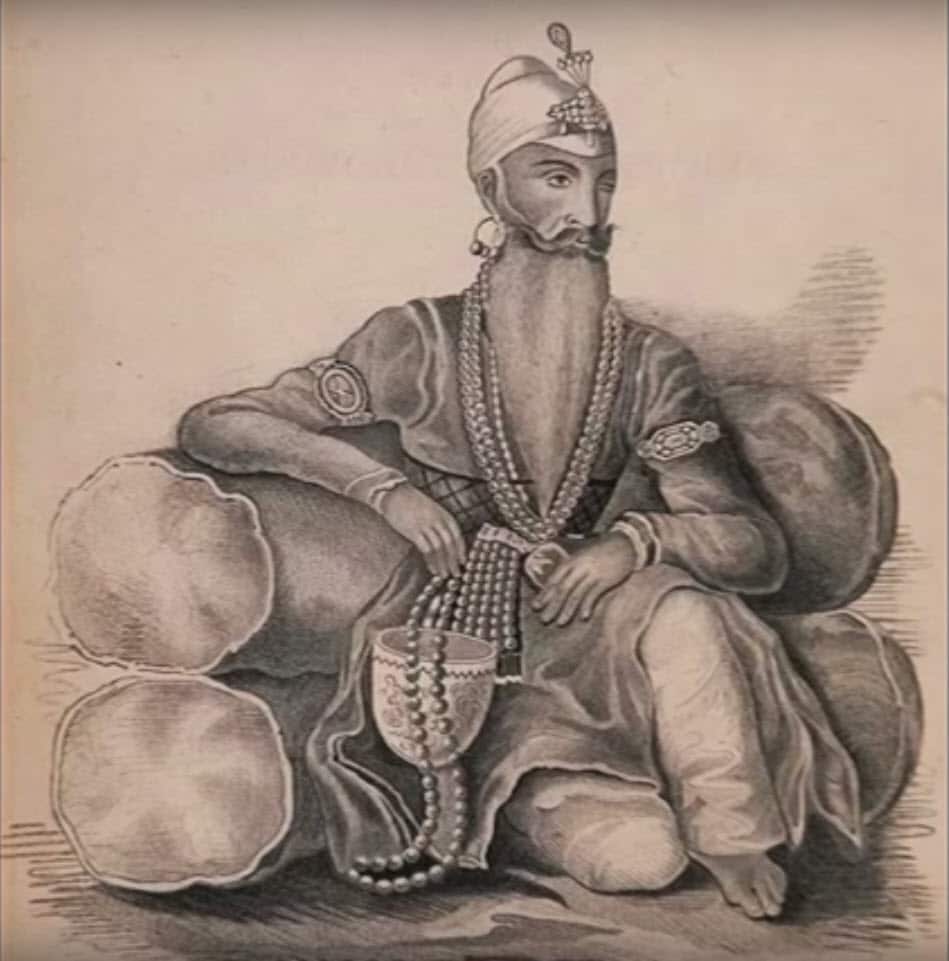 A portrait by a British artist of Maharaja Ranjit Singh, showing him wearing the Kohinoor armband