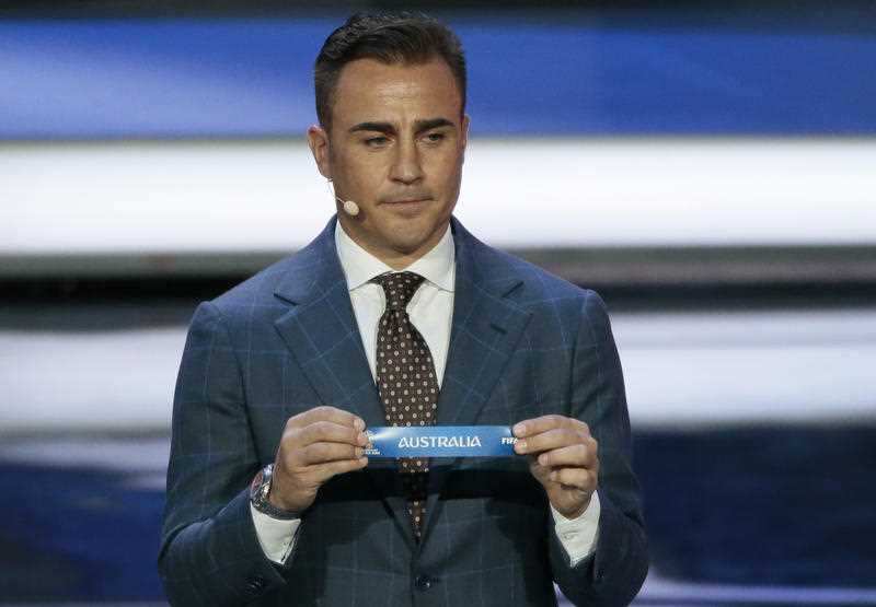 Fabio Cannavaro holds up the team name of Australia at the 2018 soccer World Cup draw
