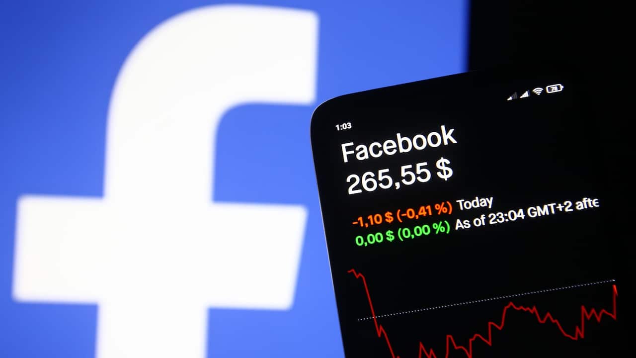 In this photo illustration a Facebook logo is seen on a screen in front of stock price and a graph displayed on a mobile phone