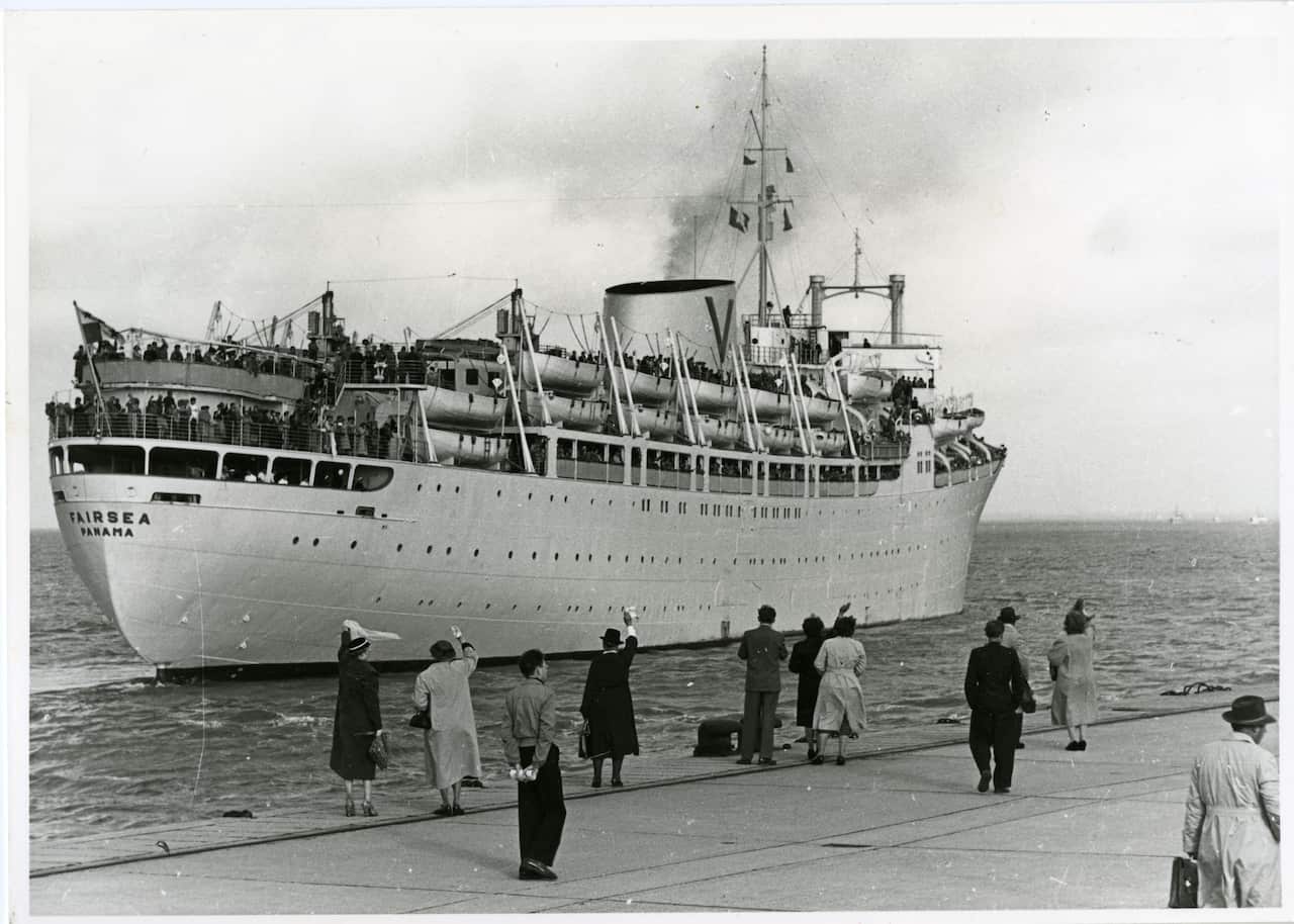 "Fairsea" ship departing dock in 1956. 