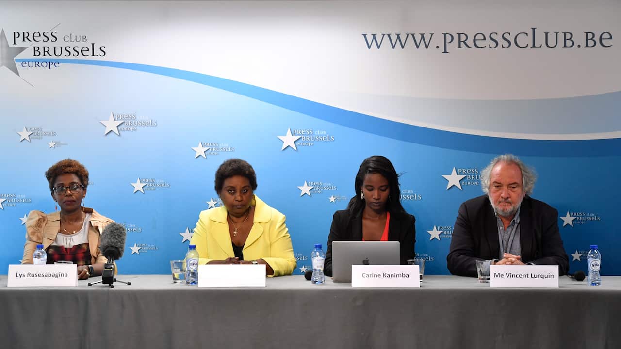 (L-R)Lys Rusesabagina (daughter), Taciana Rusesabagina (wife), Carine Kaninba (daughter) and Vincent Lurquin (family lawyer) at media conference in Brussels.