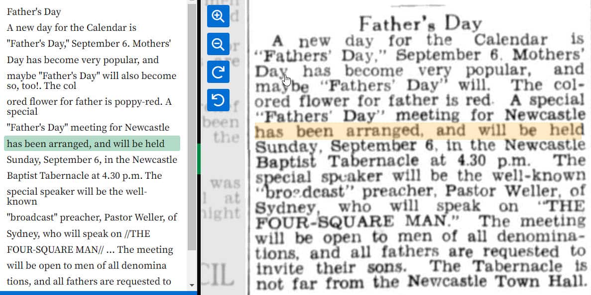 Father's Day is mentioned in a Newcastle newspaper in 1936. 