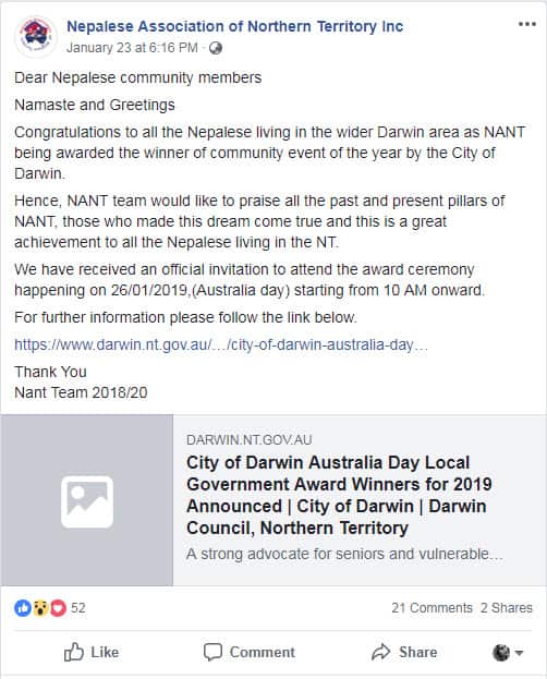 Nepalese Association of Northern Territory Australia Day Award