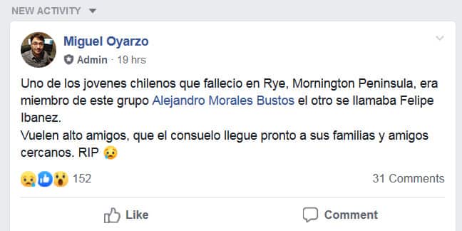 Comment on Fb about death of chilean Aejandro Morales