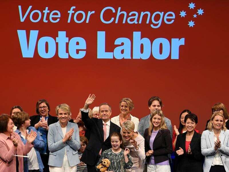 Bill Shorten, family and candidates at a Labor rally in Melbourne.