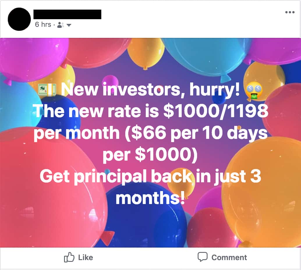 A sample of Facebook post which shows an unusual rate, luring in new investors.