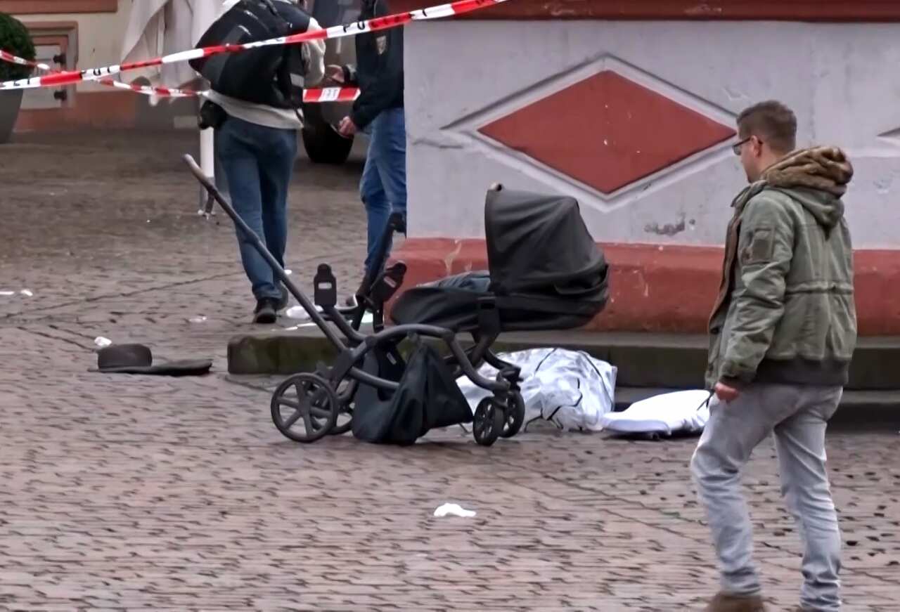 A destroyed pram at the scene where a car drove into pedestrians the center of Trier, southwestern Germany, on 1 December, 2020.