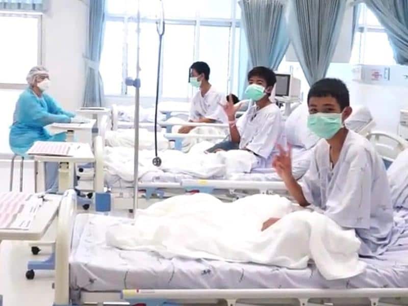 The "Wild Boars" soccer team recovering in hospital after their ordeal.