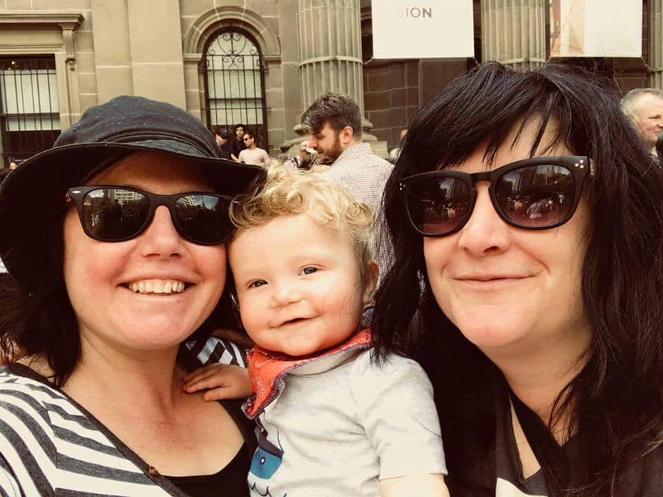 Fiona Newton (right) with her partner and son shortly after the announcement that the majority of Australians voted 'Yes' to same-sex marriage.