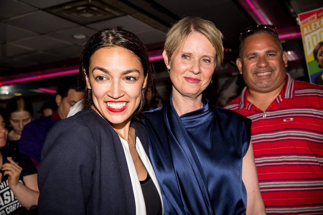 Progressive challenger Alexandria Ocasio-Cortez is joined by New York gubenatorial candidate Cynthia Nixon at her victory party.