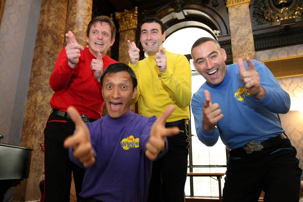 Australian children's entertainers The Wiggles, Murray Cook (Red Wiggle), Greg Page (Yellow Wiggle), Jeff Fatt (Purple Wiggle), and Anthony Field (Blue Wiggle).