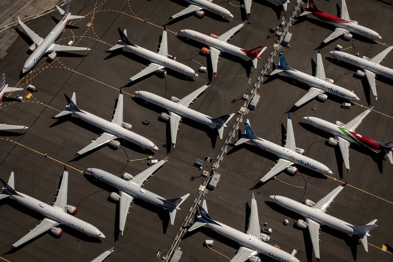 Boeing 737 Max 8 aircraft sit parked at Boeing Field in Seattle, Washington US