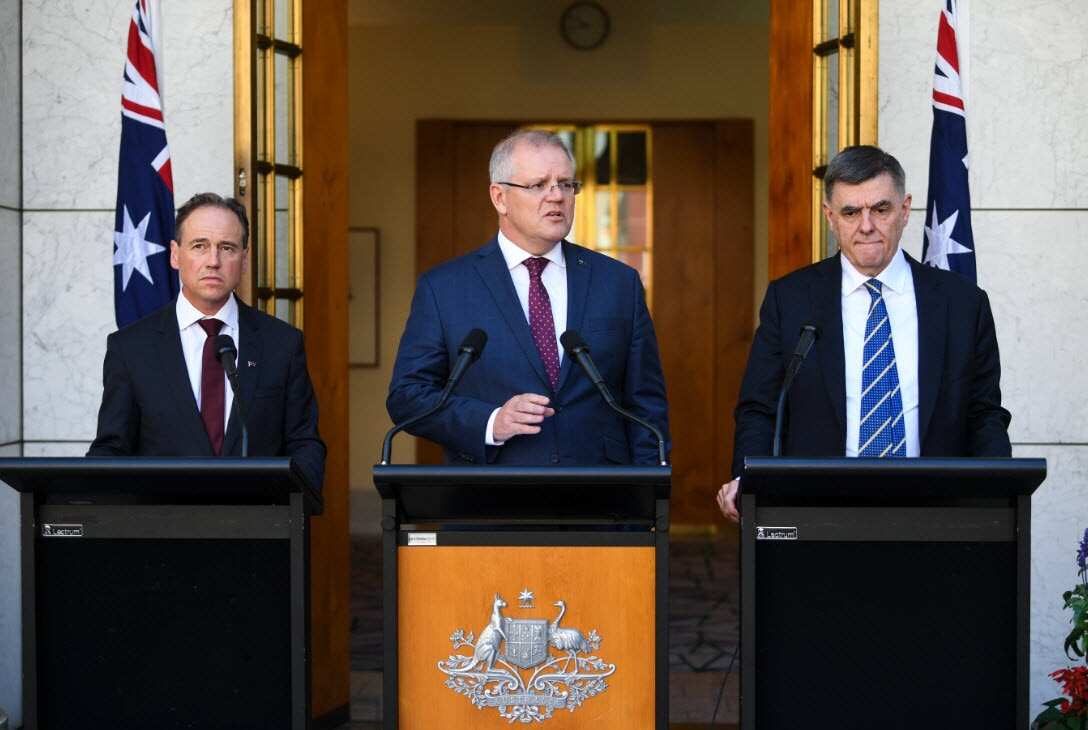 Health Minister Greg Hunt, Prime Minister Scott Morrison and Chief Medical Officer Brendan Murphy.