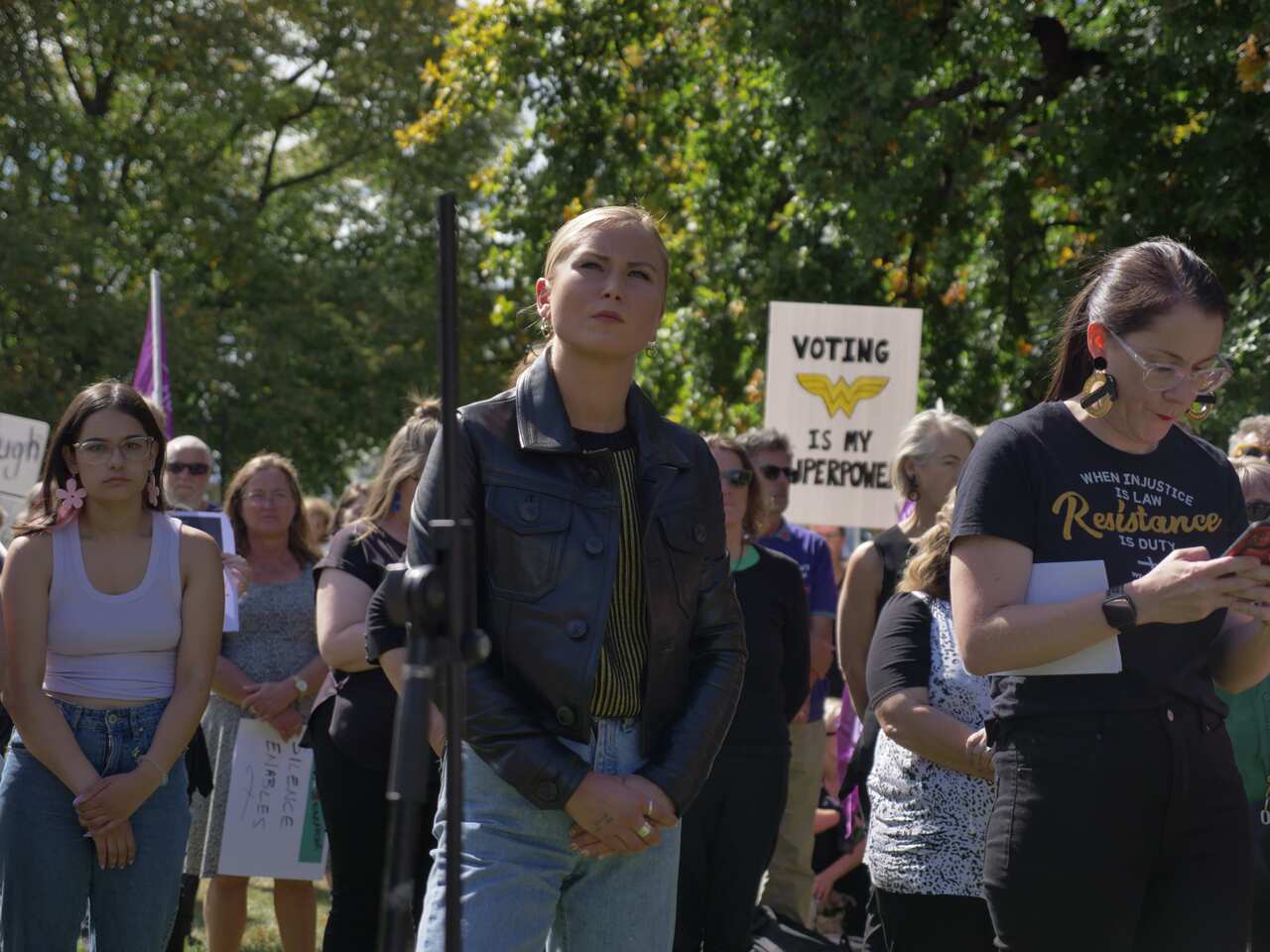 Grace Tame pictured in the crowd at a rally in Hobart on 15 March, 2021. 