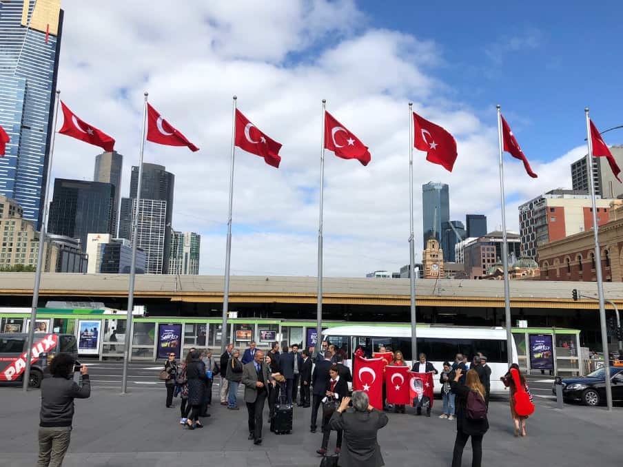 Turkish migrants celebrate their historical arrival with a football match