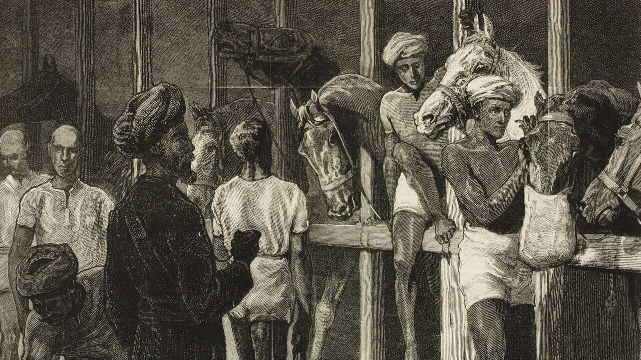 An Indian feeds the horses on board