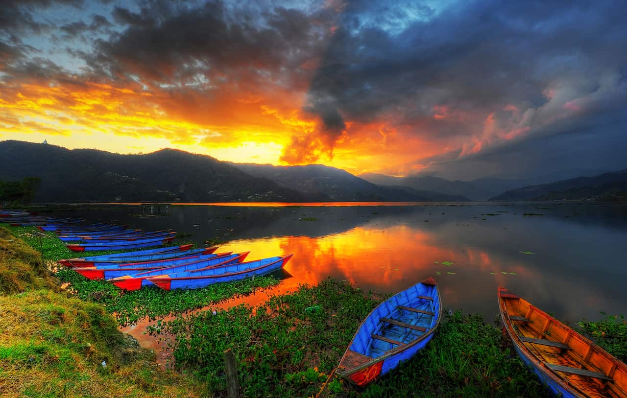 Boats on banks of Lake Phewa in Pokhara.