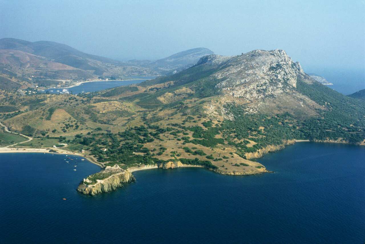 Aerial view of the archaeological site of Torone, Sithonia, Chalkidike. 
