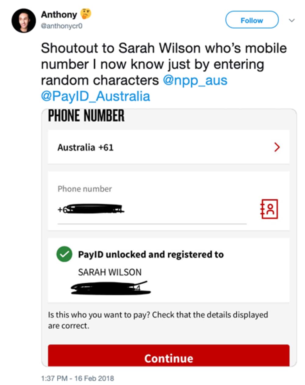 Twitter posting of PayID details.